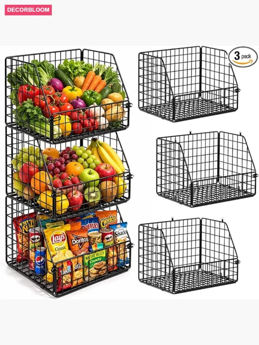 3-Tier Wall Hanging Fruit Basket Heavy Duty Wire Storage Organizer Kitchen